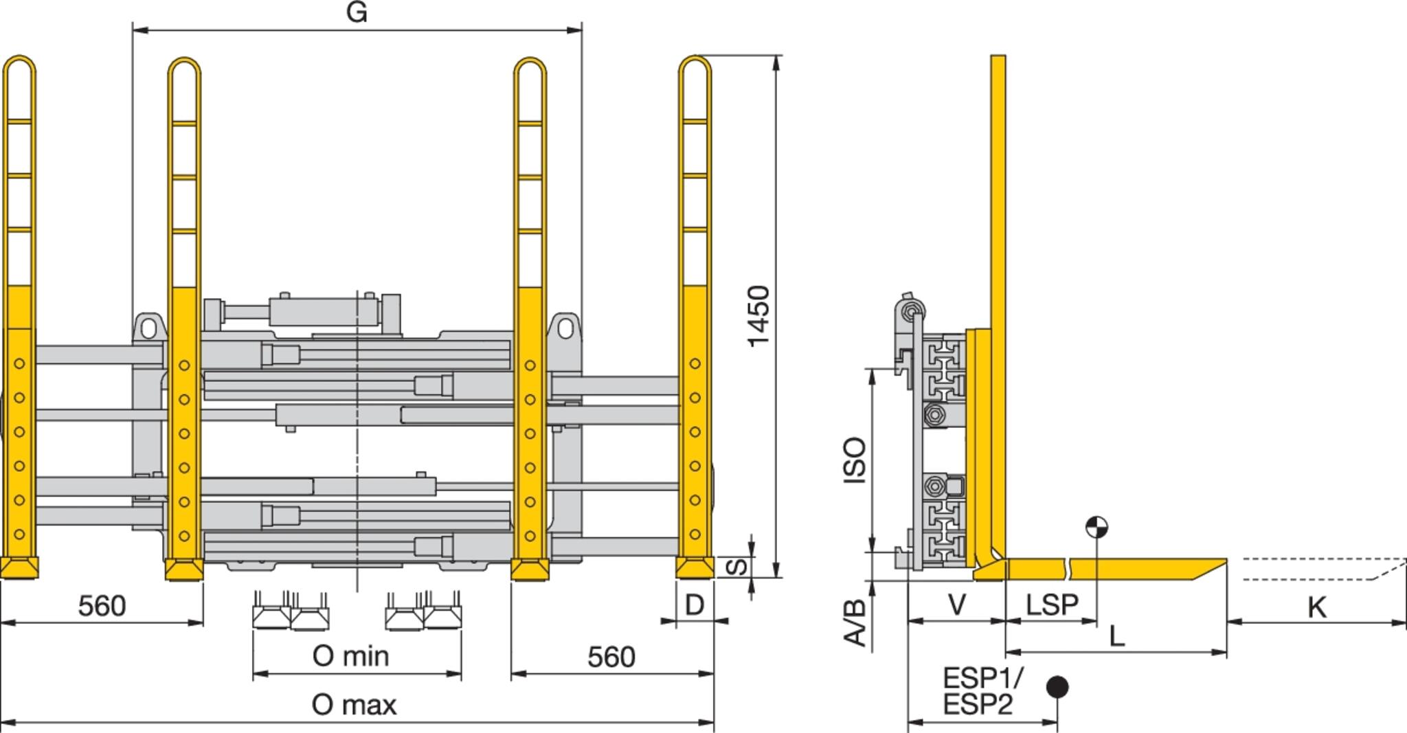 Doppelpalettengabel mit Teleskopgabeln und Seitenschub