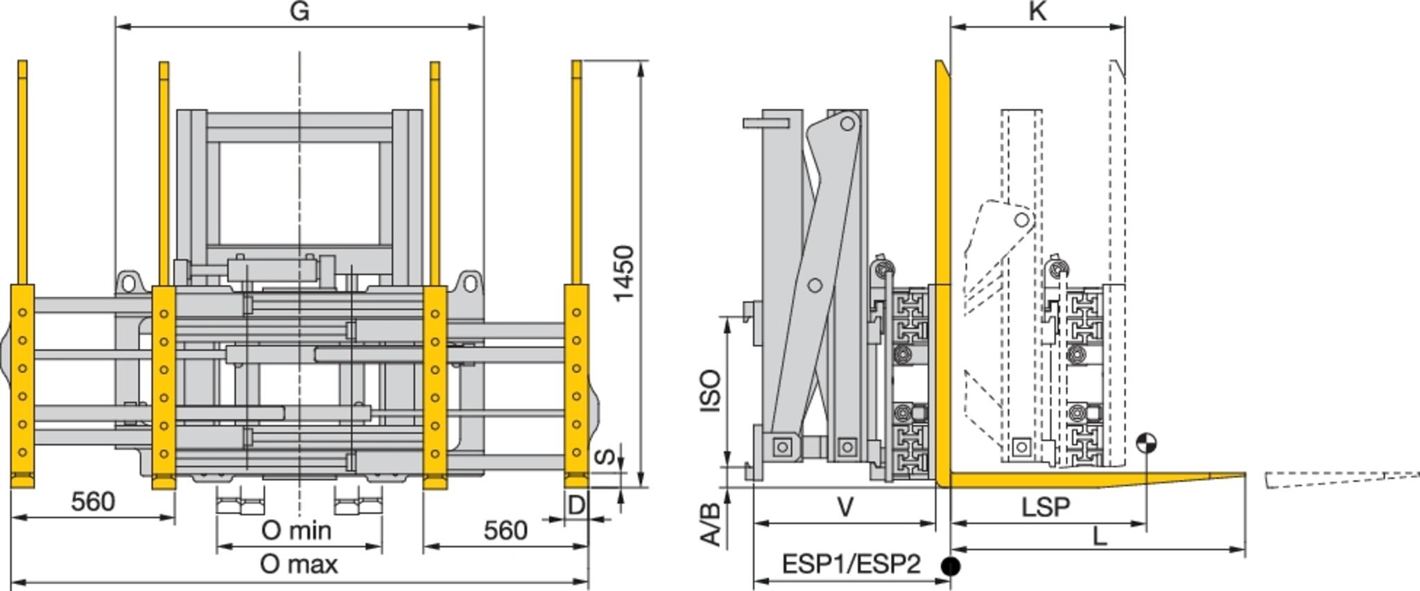 Doppelpalettengabel mit Vorschubgabelträger und Seitenschub